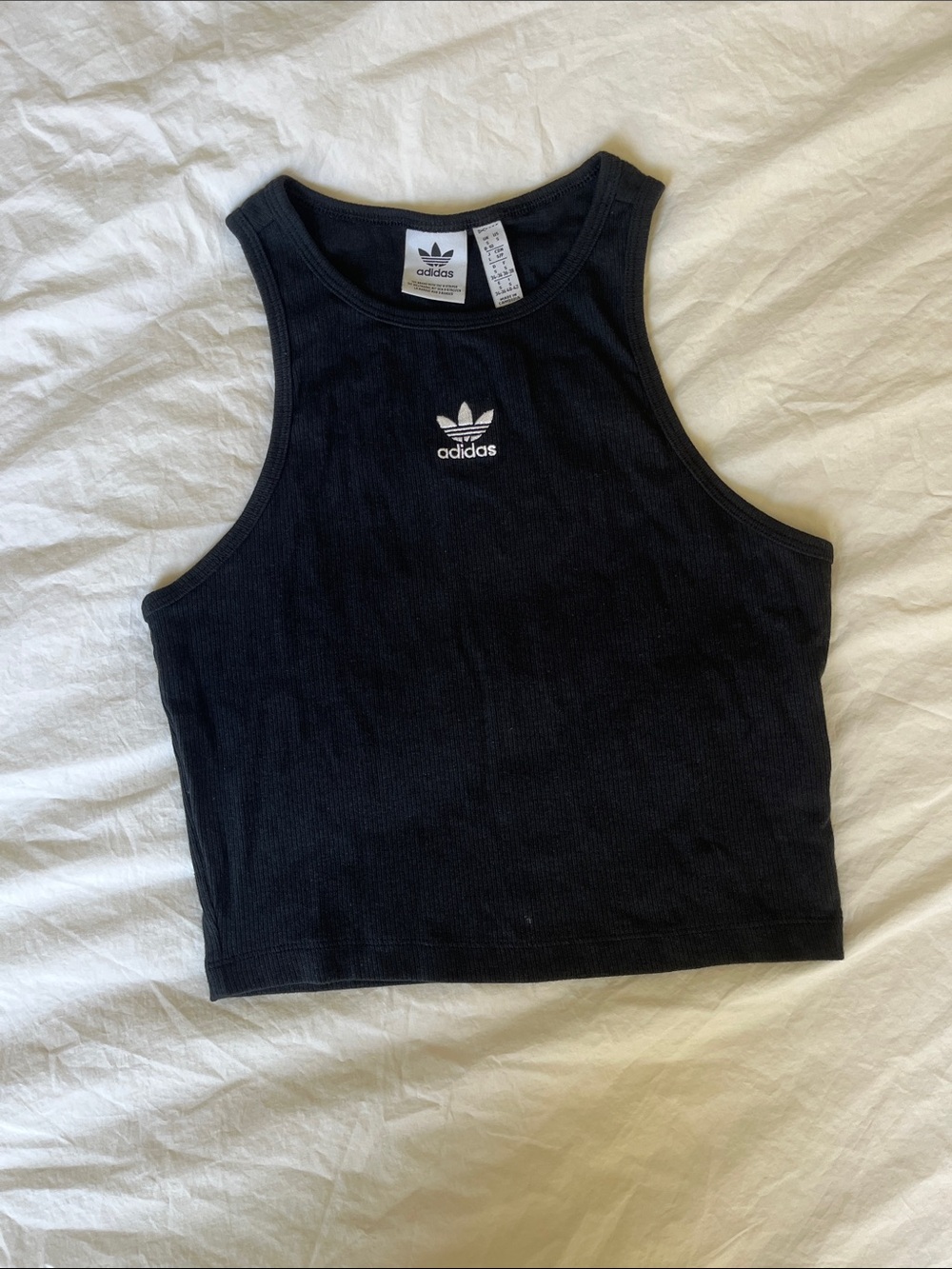 adidas Black Ribbed Cropped Tank Top with White Trefoil